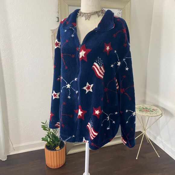 Vintage Classic Americana Dark Blue Red White Flag Fleece Sweater Jacket XXL - Picture 3 of 7